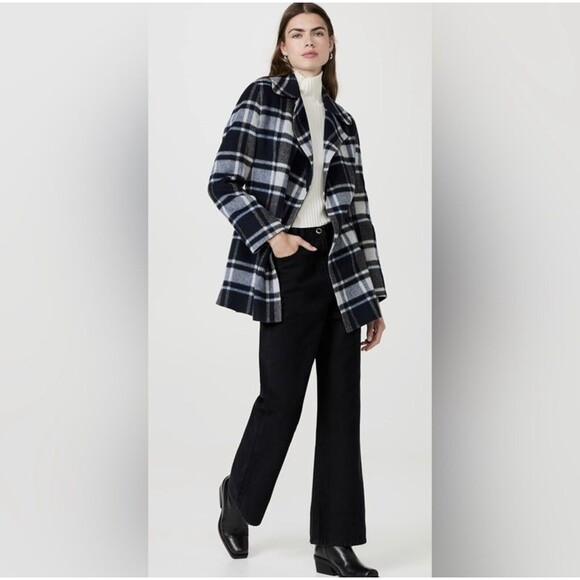 Wool Alpaca Blend Jacket Theory Blue Plaid Wrap Coat Long Sleeve M - Picture 1 of 14